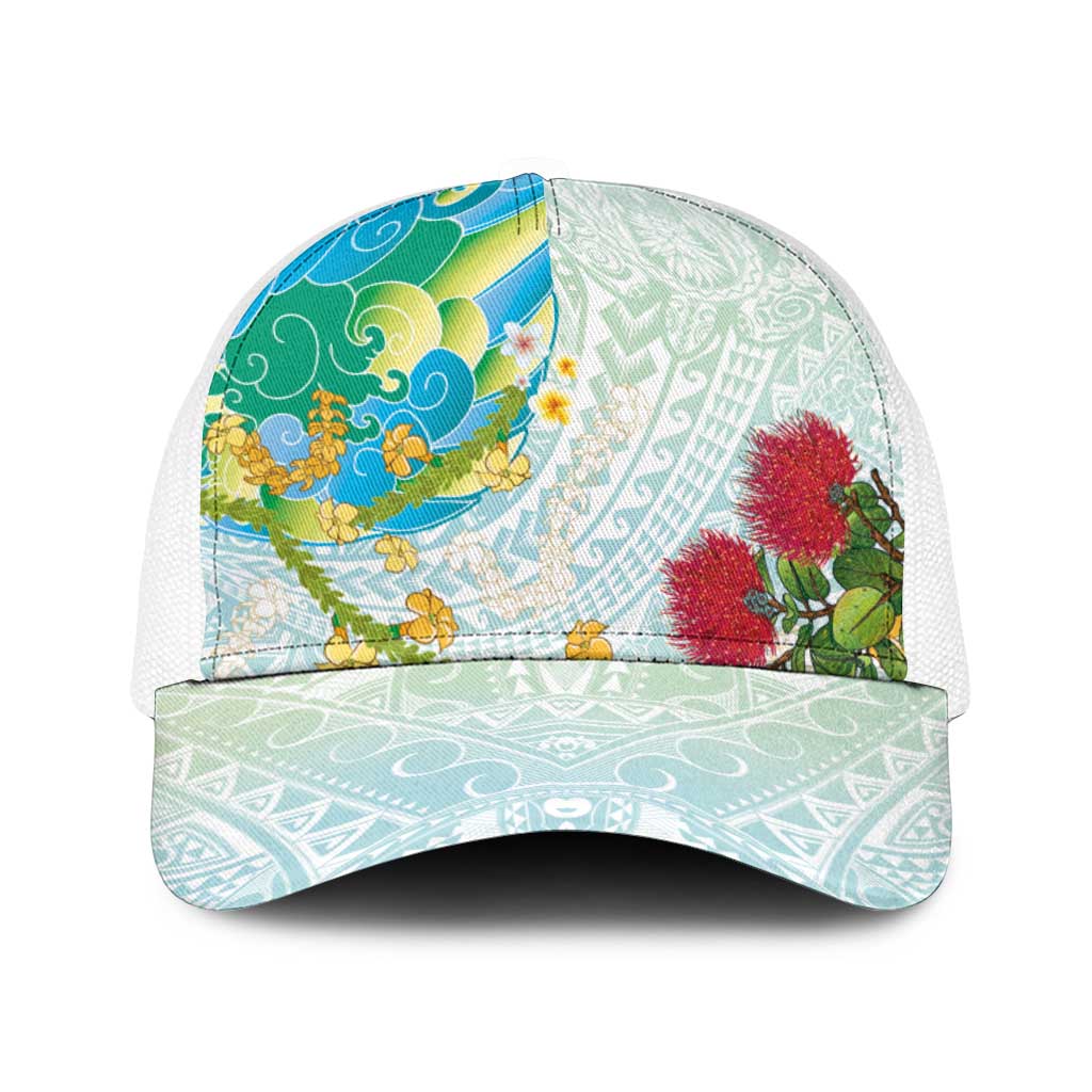 Japanese and Hawaiian Culture Fusion Baseball Net Cap Irezumi with Turtles and Lei Kakau Pattern Fresh Vibe LT03 One Size White Multicolor - Polynesian Pride