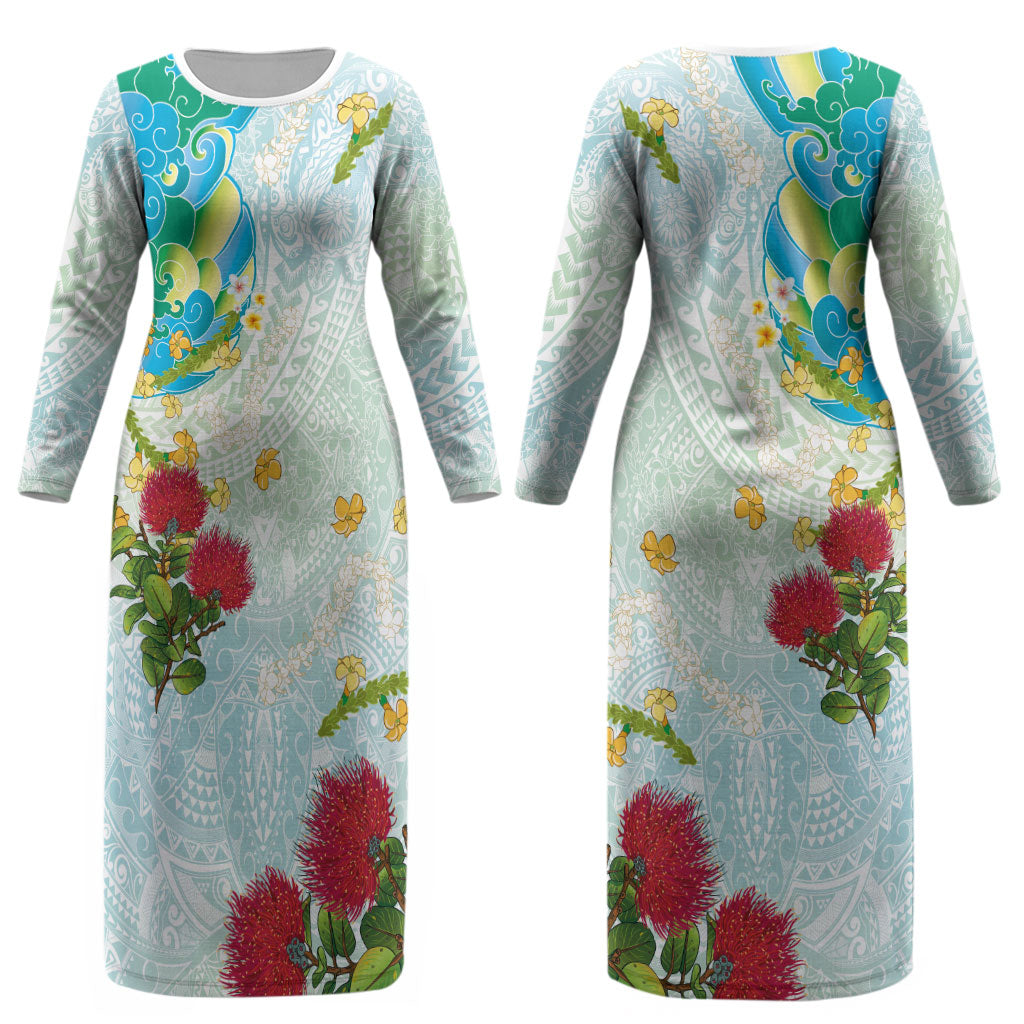 Japanese and Hawaiian Culture Fusion Couples Matching Long Sleeve Bodycon Dress and Hawaiian Shirt Irezumi with Turtles and Lei Kakau Pattern Fresh Vibe LT03 - Polynesian Pride
