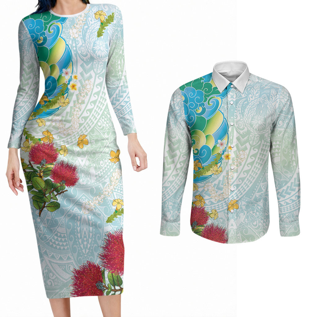 Japanese and Hawaiian Culture Fusion Couples Matching Long Sleeve Bodycon Dress and Long Sleeve Button Shirt Irezumi with Turtles and Lei Kakau Pattern Fresh Vibe LT03 Multicolor - Polynesian Pride