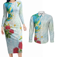 Japanese and Hawaiian Culture Fusion Couples Matching Long Sleeve Bodycon Dress and Long Sleeve Button Shirt Irezumi with Turtles and Lei Kakau Pattern Fresh Vibe LT03 Multicolor - Polynesian Pride