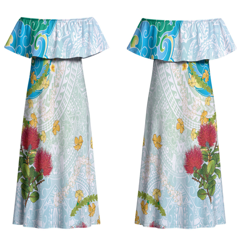 Japanese and Hawaiian Culture Fusion Couples Matching Off Shoulder Maxi Dress and Long Sleeve Button Shirt Irezumi with Turtles and Lei Kakau Pattern Fresh Vibe LT03 - Polynesian Pride