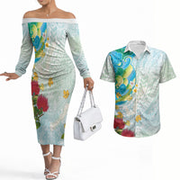 Japanese and Hawaiian Culture Fusion Couples Matching Off The Shoulder Long Sleeve Dress and Hawaiian Shirt Irezumi with Turtles and Lei Kakau Pattern Fresh Vibe LT03 Multicolor - Polynesian Pride