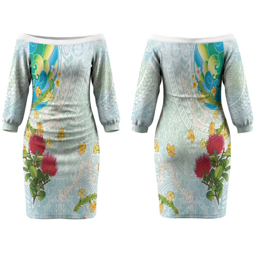 Japanese and Hawaiian Culture Fusion Couples Matching Off The Shoulder Long Sleeve Dress and Hawaiian Shirt Irezumi with Turtles and Lei Kakau Pattern Fresh Vibe LT03 - Polynesian Pride