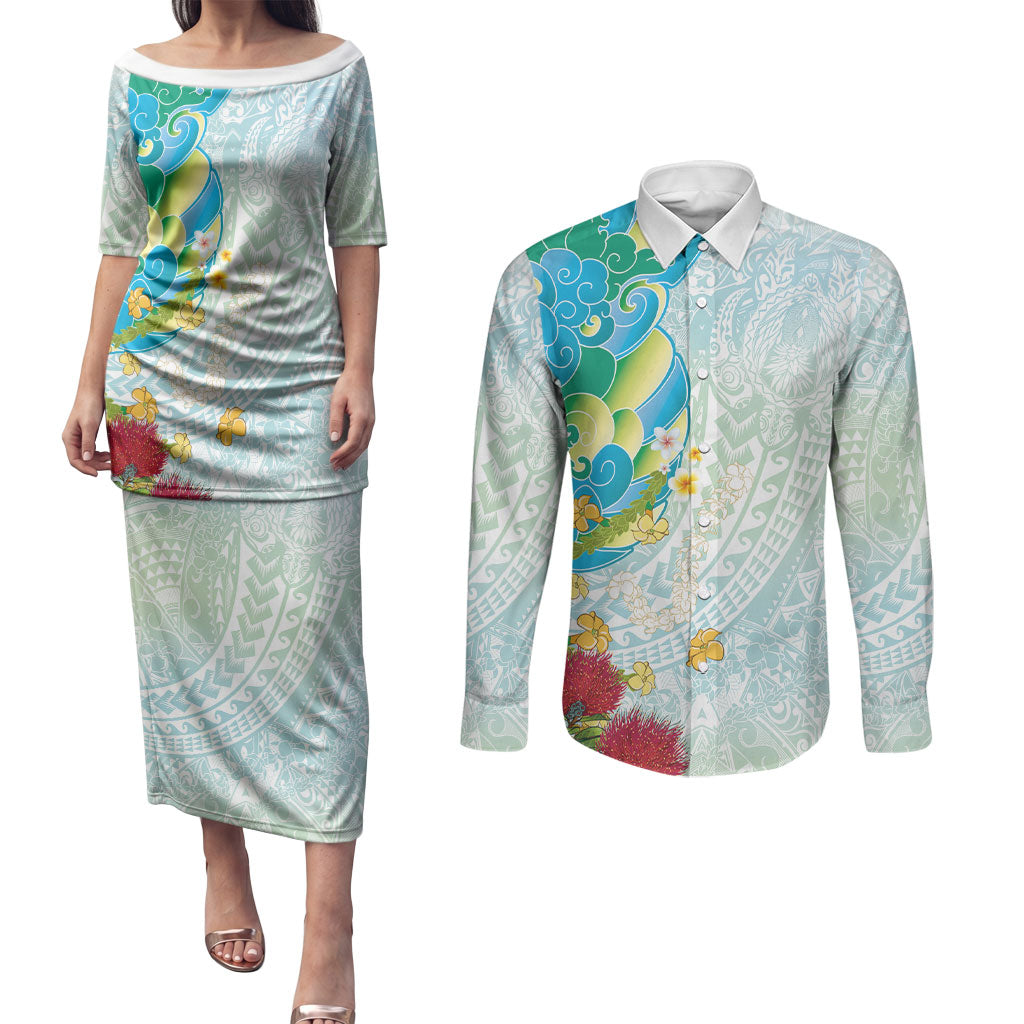 Japanese and Hawaiian Culture Fusion Couples Matching Puletasi and Long Sleeve Button Shirt Irezumi with Turtles and Lei Kakau Pattern Fresh Vibe LT03 Multicolor - Polynesian Pride