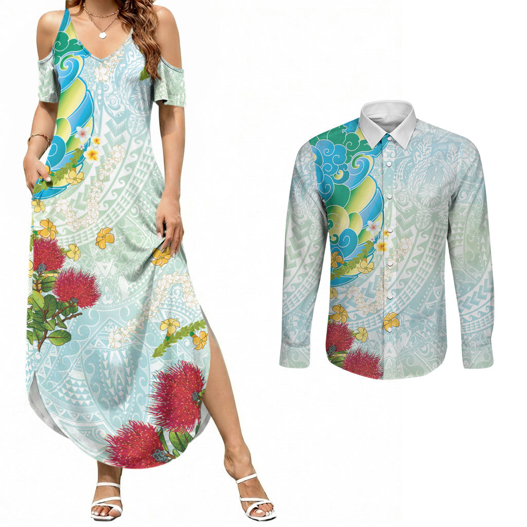 Japanese and Hawaiian Culture Fusion Couples Matching Summer Maxi Dress and Long Sleeve Button Shirt Irezumi with Turtles and Lei Kakau Pattern Fresh Vibe LT03 Multicolor - Polynesian Pride