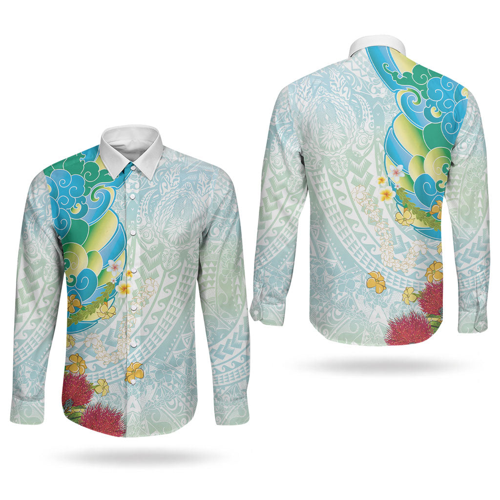 Japanese and Hawaiian Culture Fusion Couples Matching Tank Maxi Dress and Long Sleeve Button Shirt Irezumi with Turtles and Lei Kakau Pattern Fresh Vibe LT03 - Polynesian Pride
