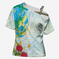 Japanese and Hawaiian Culture Fusion Cross Shoulder Shirt Irezumi with Turtles and Lei Kakau Pattern Fresh Vibe LT03 Female Multicolor - Polynesian Pride