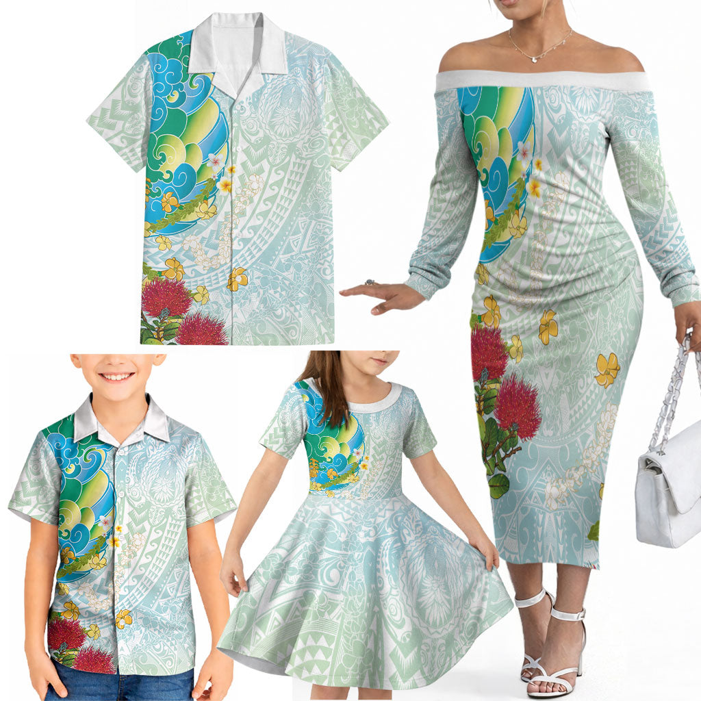 Japanese and Hawaiian Culture Fusion Family Matching Off The Shoulder Long Sleeve Dress and Hawaiian Shirt Irezumi with Turtles and Lei Kakau Pattern Fresh Vibe LT03 - Polynesian Pride