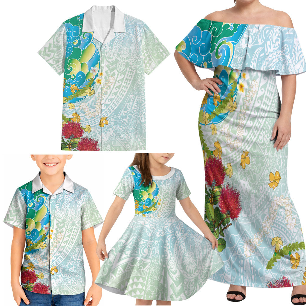 Japanese and Hawaiian Culture Fusion Family Matching Off Shoulder Maxi Dress and Hawaiian Shirt Irezumi with Turtles and Lei Kakau Pattern Fresh Vibe LT03 - Polynesian Pride