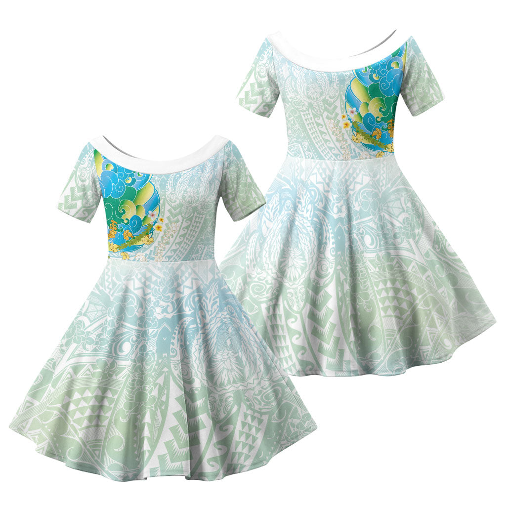 Japanese and Hawaiian Culture Fusion Family Matching Puletasi and Hawaiian Shirt Irezumi with Turtles and Lei Kakau Pattern Fresh Vibe LT03 Daughter's Dress Multicolor - Polynesian Pride
