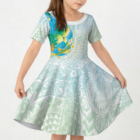 Japanese and Hawaiian Culture Fusion Kid Short Sleeve Dress Irezumi with Turtles and Lei Kakau Pattern Fresh Vibe LT03 KID Multicolor - Polynesian Pride