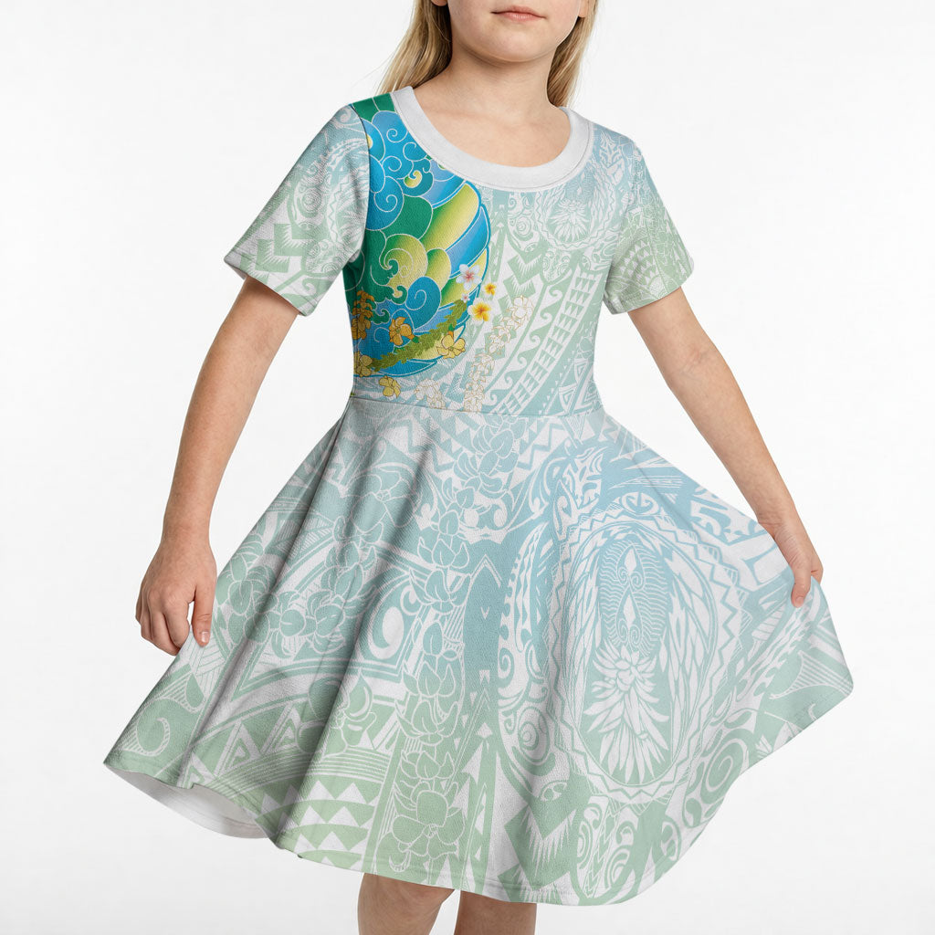 Japanese and Hawaiian Culture Fusion Kid Short Sleeve Dress Irezumi with Turtles and Lei Kakau Pattern Fresh Vibe LT03 - Polynesian Pride