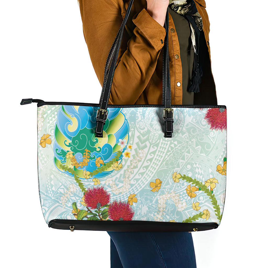 Japanese and Hawaiian Culture Fusion Leather Tote Bag Irezumi with Turtles and Lei Kakau Pattern Fresh Vibe LT03 - Polynesian Pride