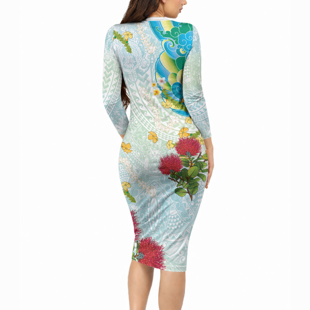 Japanese and Hawaiian Culture Fusion Long Sleeve Bodycon Dress Irezumi with Turtles and Lei Kakau Pattern Fresh Vibe LT03 - Polynesian Pride