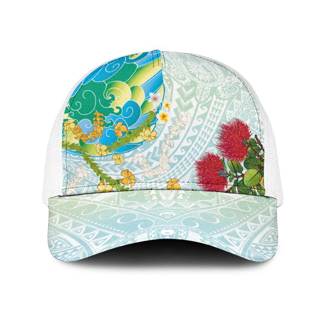 Japanese and Hawaiian Culture Fusion Mesh Trucker Cap Irezumi with Turtles and Lei Kakau Pattern Fresh Vibe LT03 One Size White Multicolor - Polynesian Pride
