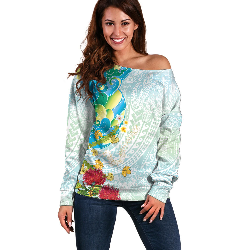 Japanese and Hawaiian Culture Fusion Off Shoulder Sweater Irezumi with Turtles and Lei Kakau Pattern Fresh Vibe LT03 Women Multicolor - Polynesian Pride
