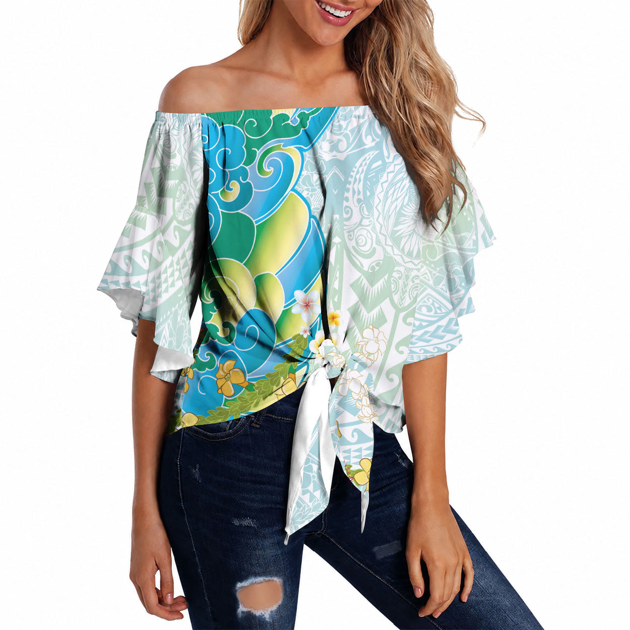Japanese and Hawaiian Culture Fusion Off Shoulder Wrap Waist Top Irezumi with Turtles and Lei Kakau Pattern Fresh Vibe LT03 Multicolor - Polynesian Pride