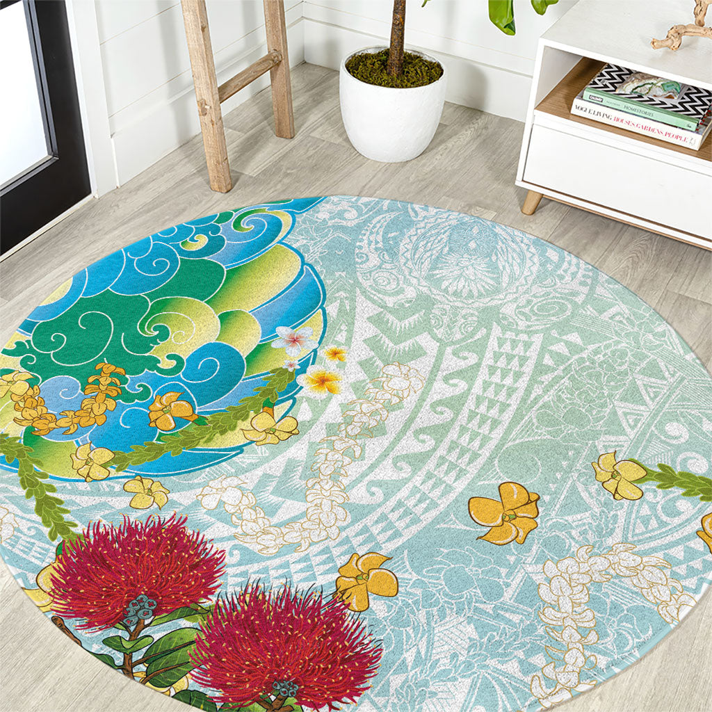 Japanese and Hawaiian Culture Fusion Round Carpet Irezumi with Turtles and Lei Kakau Pattern Fresh Vibe LT03 Multicolor - Polynesian Pride