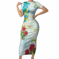 Japanese and Hawaiian Culture Fusion Short Sleeve Bodycon Dress Irezumi with Turtles and Lei Kakau Pattern Fresh Vibe LT03 Long Dress Multicolor - Polynesian Pride