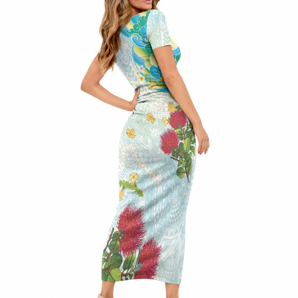Japanese and Hawaiian Culture Fusion Short Sleeve Bodycon Dress Irezumi with Turtles and Lei Kakau Pattern Fresh Vibe LT03 - Polynesian Pride