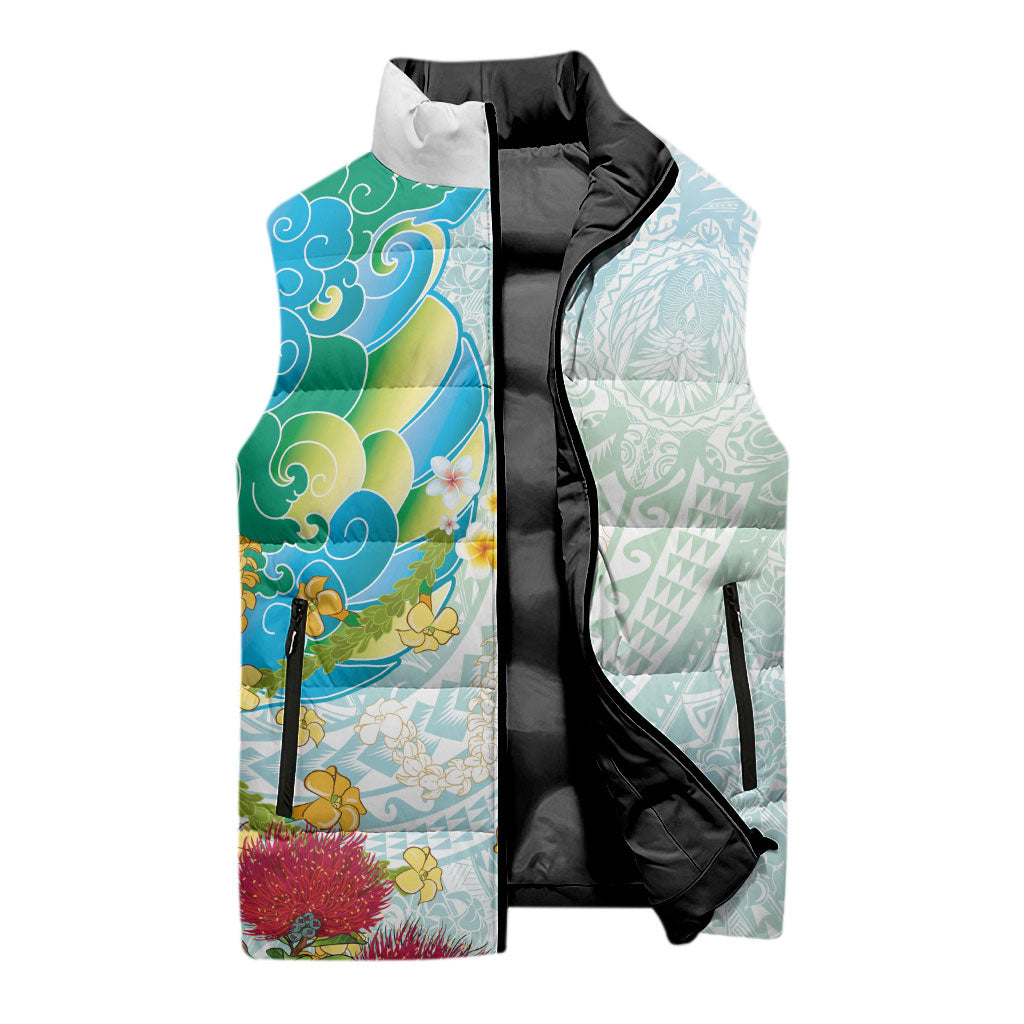 Japanese and Hawaiian Culture Fusion Sleeveless Puffer Jacket Irezumi with Turtles and Lei Kakau Pattern Fresh Vibe LT03 - Polynesian Pride