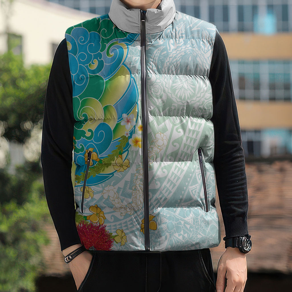 Japanese and Hawaiian Culture Fusion Sleeveless Puffer Jacket Irezumi with Turtles and Lei Kakau Pattern Fresh Vibe LT03 - Polynesian Pride