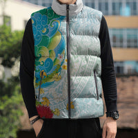 Japanese and Hawaiian Culture Fusion Sleeveless Puffer Jacket Irezumi with Turtles and Lei Kakau Pattern Fresh Vibe LT03 - Polynesian Pride