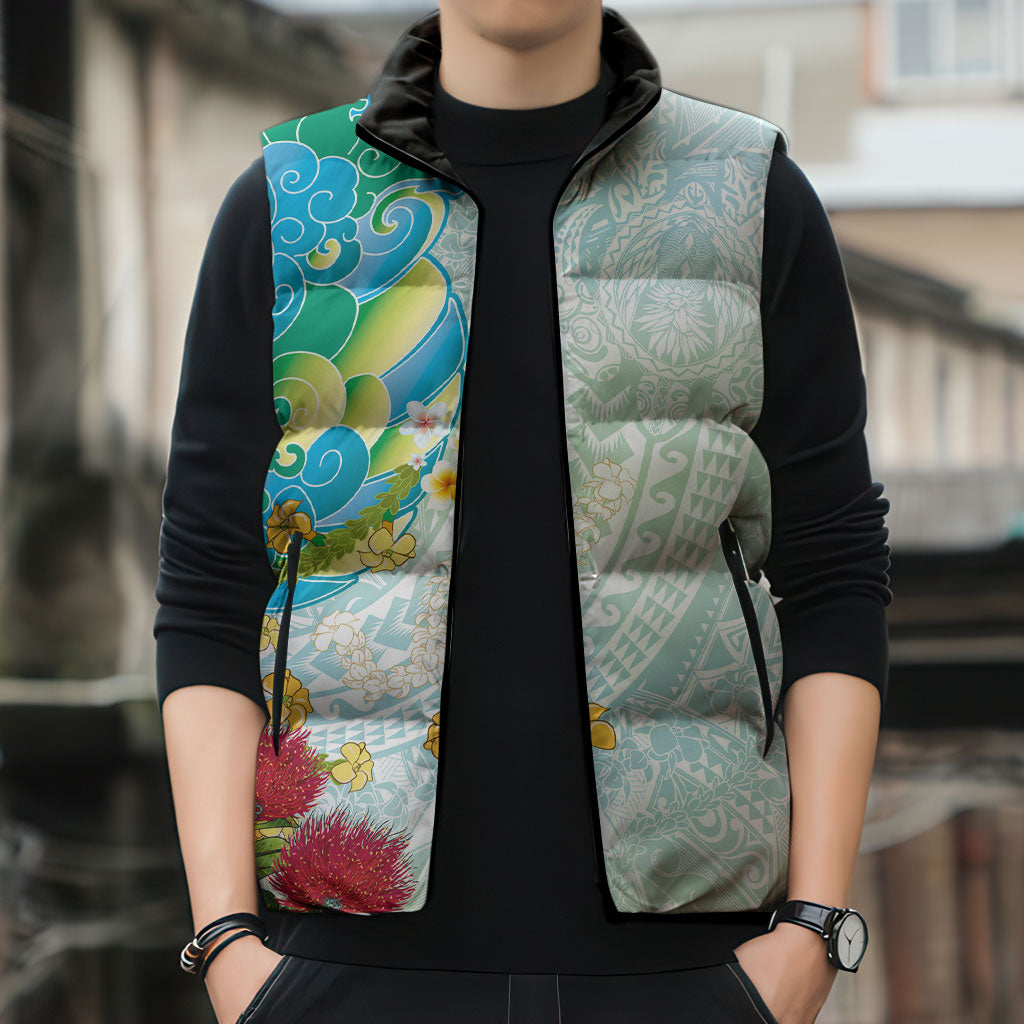 Japanese and Hawaiian Culture Fusion Sleeveless Puffer Jacket Irezumi with Turtles and Lei Kakau Pattern Fresh Vibe LT03 - Polynesian Pride