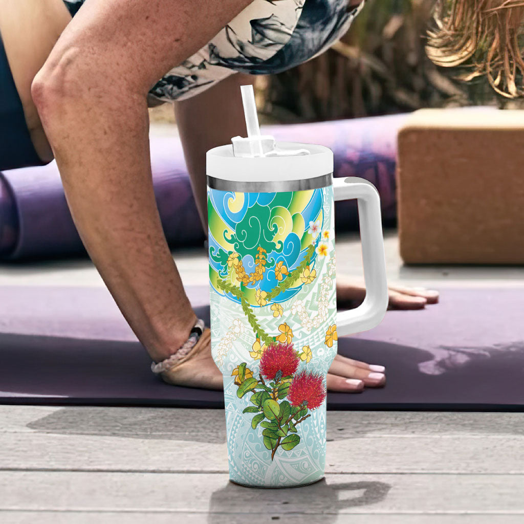 Japanese and Hawaiian Culture Fusion Tumbler With Handle Irezumi with Turtles and Lei Kakau Pattern Fresh Vibe LT03 - Polynesian Pride