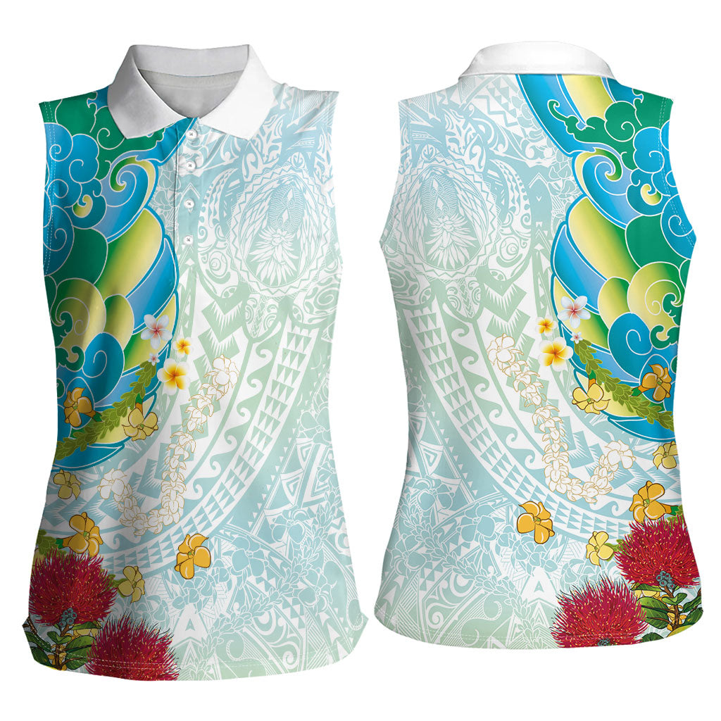 Japanese and Hawaiian Culture Fusion Women Sleeveless Polo Shirt Irezumi with Turtles and Lei Kakau Pattern Fresh Vibe LT03 - Polynesian Pride