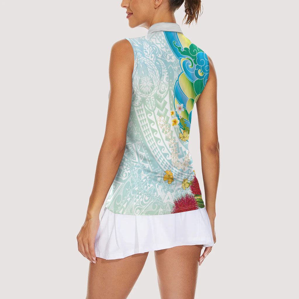 Japanese and Hawaiian Culture Fusion Women Sleeveless Polo Shirt Irezumi with Turtles and Lei Kakau Pattern Fresh Vibe LT03 - Polynesian Pride