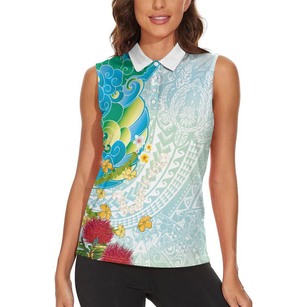 Japanese and Hawaiian Culture Fusion Women Sleeveless Polo Shirt Irezumi with Turtles and Lei Kakau Pattern Fresh Vibe LT03 - Polynesian Pride
