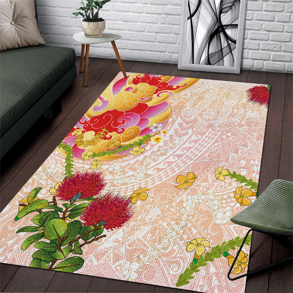 Japanese and Hawaiian Culture Fusion Area Rug Irezumi with Turtles and Lei Kakau Pattern Sunset Vibe LT03 Multicolor - Polynesian Pride