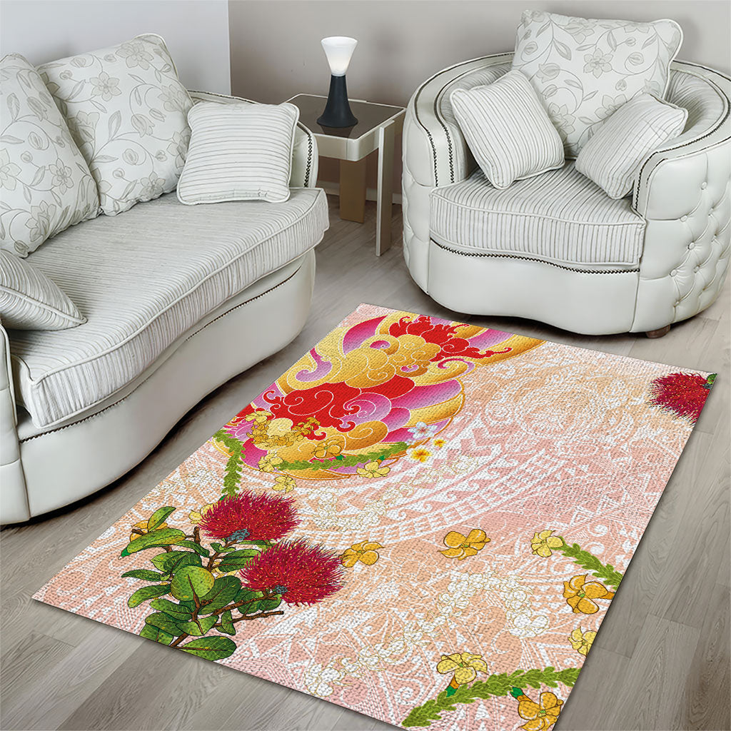 Japanese and Hawaiian Culture Fusion Area Rug Irezumi with Turtles and Lei Kakau Pattern Sunset Vibe LT03 - Polynesian Pride