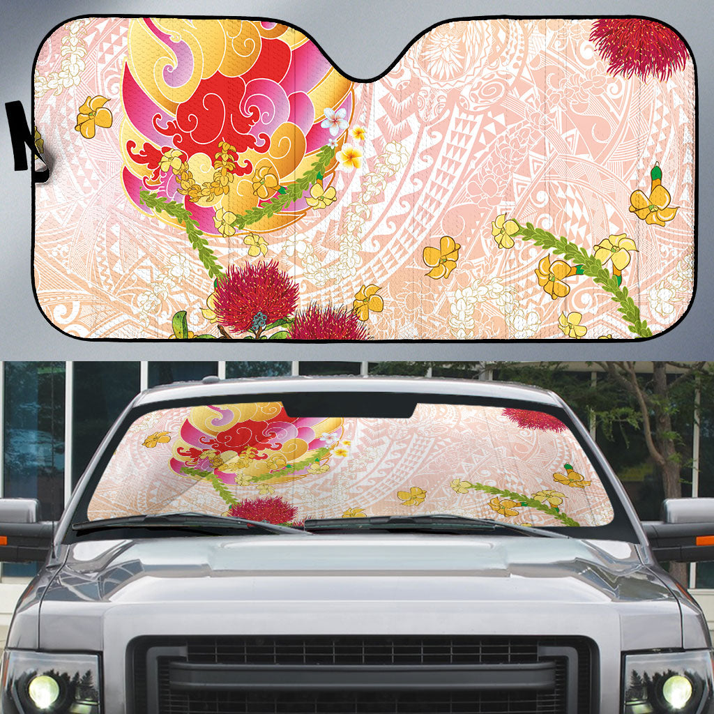 Japanese and Hawaiian Culture Fusion Auto Sun Shade Irezumi with Turtles and Lei Kakau Pattern Sunset Vibe LT03 Multicolor - Polynesian Pride