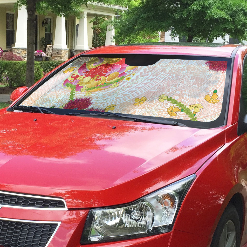 Japanese and Hawaiian Culture Fusion Auto Sun Shade Irezumi with Turtles and Lei Kakau Pattern Sunset Vibe LT03 - Polynesian Pride