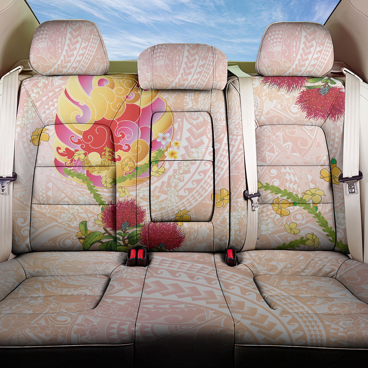 Japanese and Hawaiian Culture Fusion Back Car Seat Cover Irezumi with Turtles and Lei Kakau Pattern Sunset Vibe LT03 One Size Multicolor - Polynesian Pride