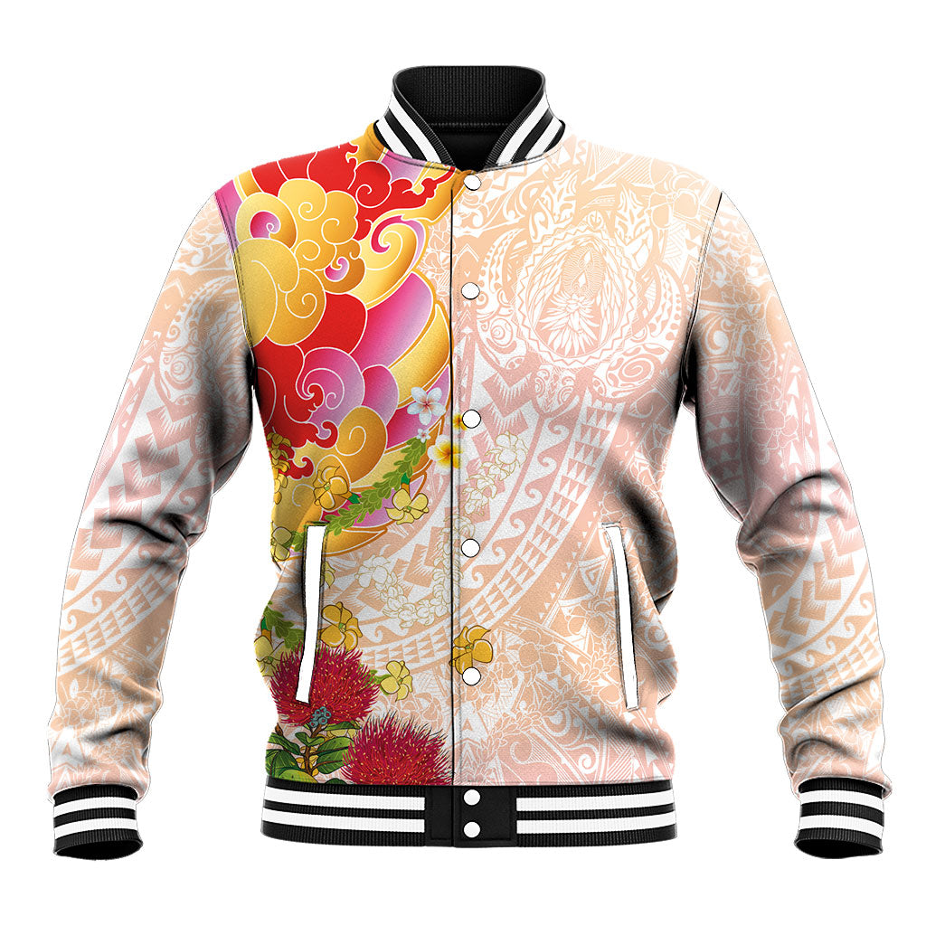 Japanese and Hawaiian Culture Fusion Baseball Jacket Irezumi with Turtles and Lei Kakau Pattern Sunset Vibe LT03 Unisex Multicolor - Polynesian Pride