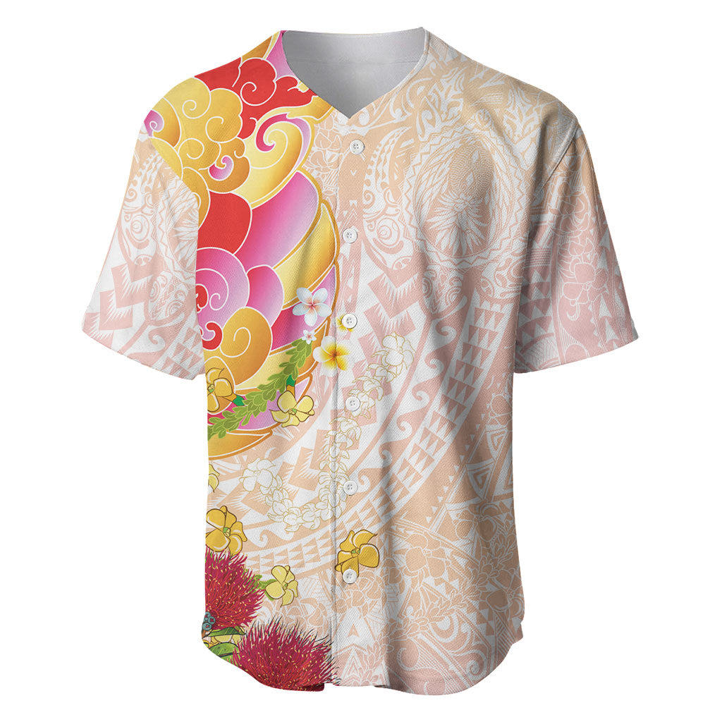 Japanese and Hawaiian Culture Fusion Baseball Jersey Irezumi with Turtles and Lei Kakau Pattern Sunset Vibe LT03 Multicolor - Polynesian Pride