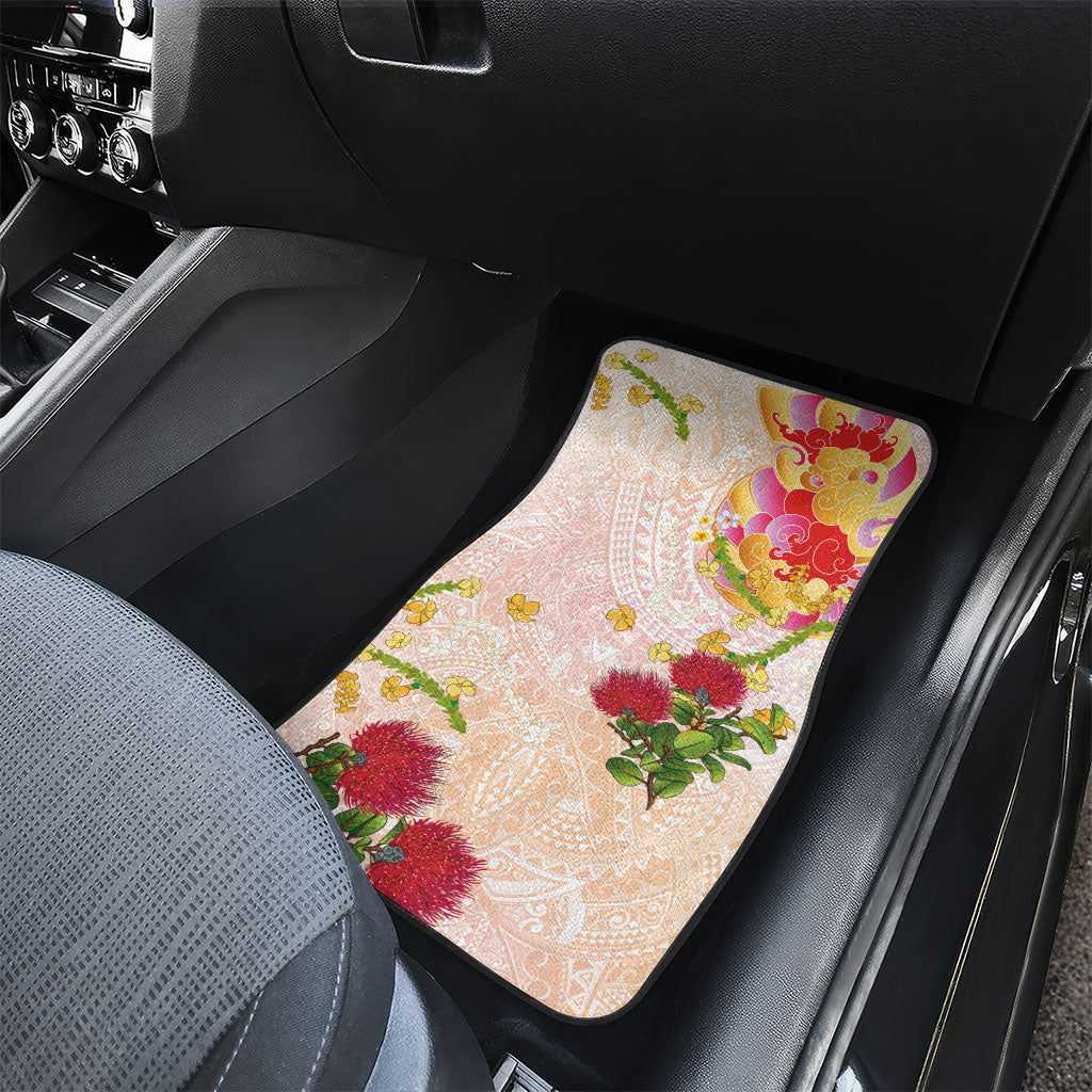 Japanese and Hawaiian Culture Fusion Car Mats Irezumi with Turtles and Lei Kakau Pattern Sunset Vibe LT03 - Polynesian Pride