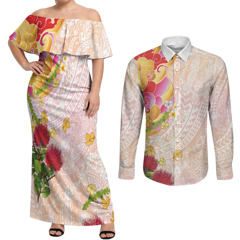 Japanese and Hawaiian Culture Fusion Couples Matching Off Shoulder Maxi Dress and Long Sleeve Button Shirt Irezumi with Turtles and Lei Kakau Pattern Sunset Vibe LT03 Multicolor - Polynesian Pride