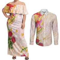 Japanese and Hawaiian Culture Fusion Couples Matching Off Shoulder Maxi Dress and Long Sleeve Button Shirt Irezumi with Turtles and Lei Kakau Pattern Sunset Vibe LT03 Multicolor - Polynesian Pride
