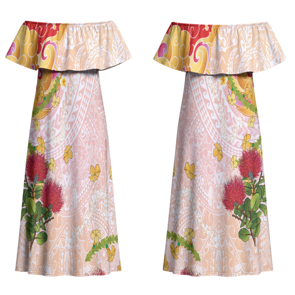Japanese and Hawaiian Culture Fusion Couples Matching Off Shoulder Maxi Dress and Long Sleeve Button Shirt Irezumi with Turtles and Lei Kakau Pattern Sunset Vibe LT03 - Polynesian Pride
