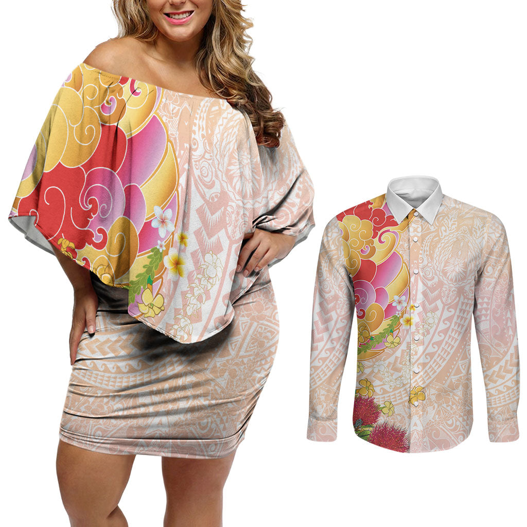 Japanese and Hawaiian Culture Fusion Couples Matching Off Shoulder Short Dress and Long Sleeve Button Shirt Irezumi with Turtles and Lei Kakau Pattern Sunset Vibe LT03 Multicolor - Polynesian Pride