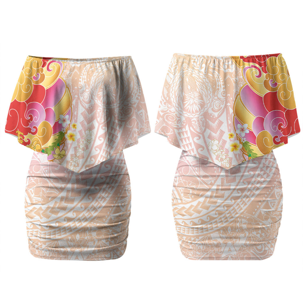 Japanese and Hawaiian Culture Fusion Couples Matching Off Shoulder Short Dress and Long Sleeve Button Shirt Irezumi with Turtles and Lei Kakau Pattern Sunset Vibe LT03 - Polynesian Pride