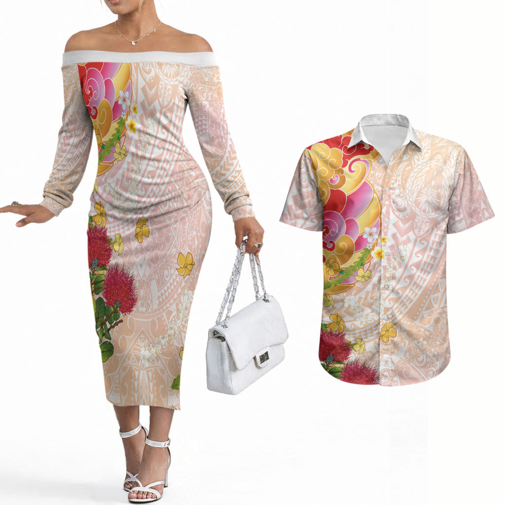 Japanese and Hawaiian Culture Fusion Couples Matching Off The Shoulder Long Sleeve Dress and Hawaiian Shirt Irezumi with Turtles and Lei Kakau Pattern Sunset Vibe LT03 Multicolor - Polynesian Pride