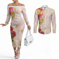 Japanese and Hawaiian Culture Fusion Couples Matching Off The Shoulder Long Sleeve Dress and Long Sleeve Button Shirt Irezumi with Turtles and Lei Kakau Pattern Sunset Vibe LT03 Multicolor - Polynesian Pride