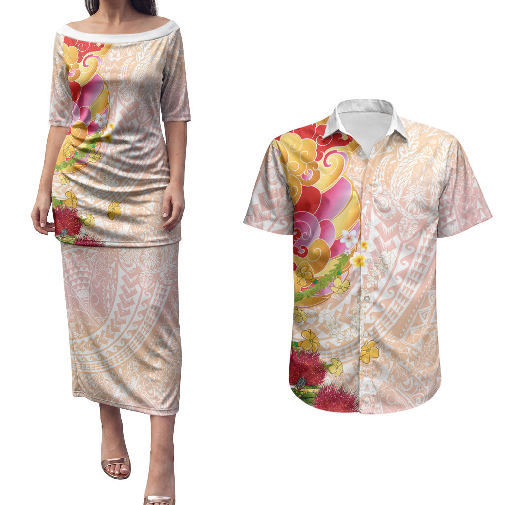 Japanese and Hawaiian Culture Fusion Couples Matching Puletasi and Hawaiian Shirt Irezumi with Turtles and Lei Kakau Pattern Sunset Vibe LT03 Multicolor - Polynesian Pride