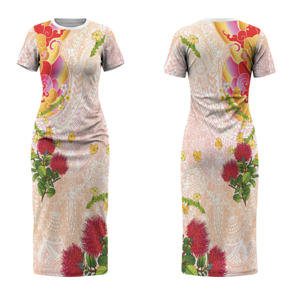 Japanese and Hawaiian Culture Fusion Couples Matching Short Sleeve Bodycon Dress and Hawaiian Shirt Irezumi with Turtles and Lei Kakau Pattern Sunset Vibe LT03 - Polynesian Pride