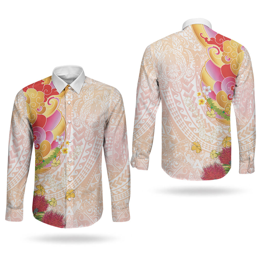 Japanese and Hawaiian Culture Fusion Couples Matching Summer Maxi Dress and Long Sleeve Button Shirt Irezumi with Turtles and Lei Kakau Pattern Sunset Vibe LT03 - Polynesian Pride